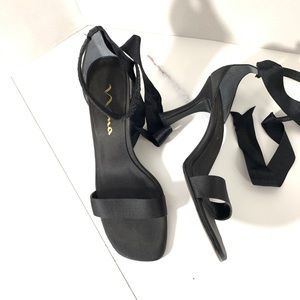 Nina Black Satin Open Toe Ankle Tie SZ 8